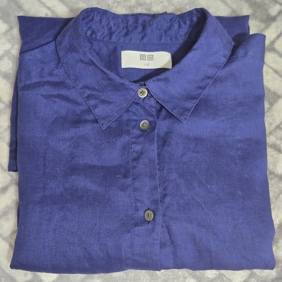 Uniqlo Womens 100% Linen Button Down Shirt Dark Blue Size L - Picture 7 of 7
